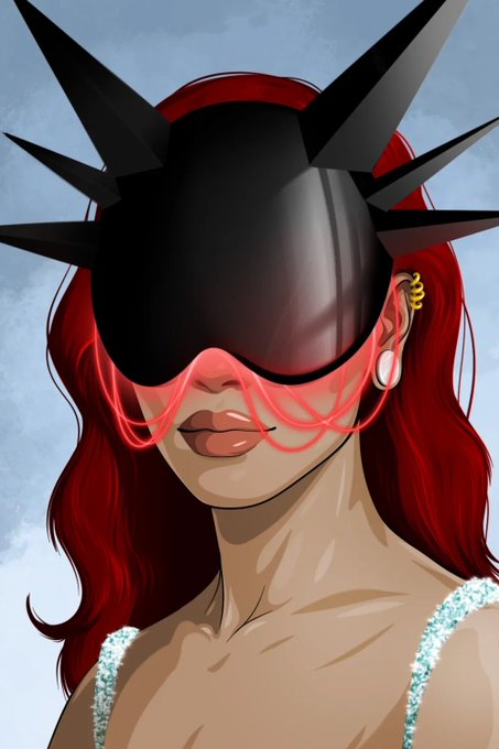 A digital illustration of a woman with long red hair wearing a large black spiked visor/headpiece that covers her eyes, with pink stringy elements hanging from it.