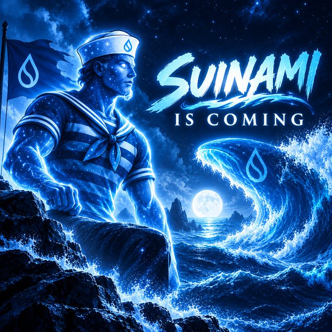 A stylized crypto promotional poster reading 'SUINAMI IS COMING' featuring a glowing blue sailor figure with the Sui Network logo, set against an ocean wave backdrop at night under a full moon.