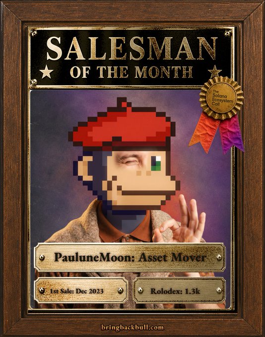 A "Salesman of the Month" award certificate features a person with a Mario pixel art face overlay, titled "PauluneMoon: Asset Mover" with "1st Sale: Dec 2023" and "Rolodex: 1.3k" on the Solano Ecosystem.