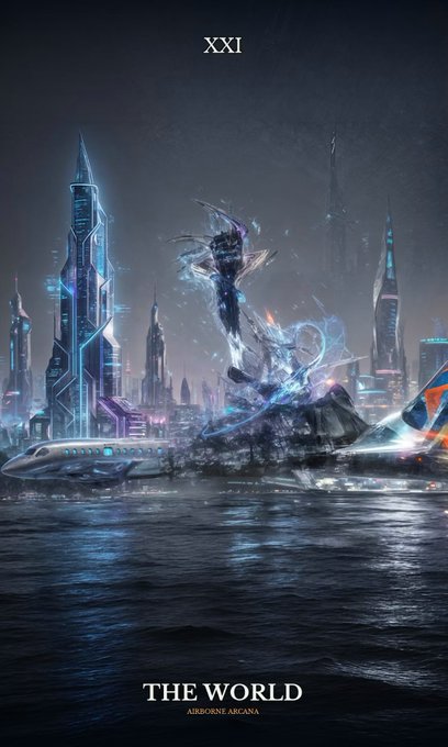 Tarot-style card titled 'THE WORLD' with 'XXI' and 'AIRBORNE ARCANA' subtitles, depicting a futuristic cityscape with neon-lit skyscrapers and a glowing magical figure rising from water at night.