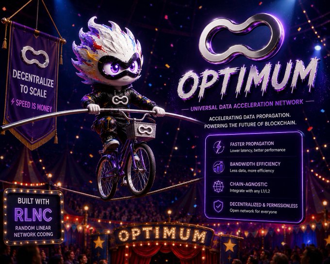 A promotional graphic for 'OPTIMUM' blockchain project featuring a character with purple flame hair riding a bicycle on a tightrope in a circus setting, with text describing it as a 'UNIVERSAL DATA ACCELERATION NETWORK' with features including Faster Propagation, Bandwidth Efficiency, Chain-Agnostic integration, and Decentralized & Permissionless design.