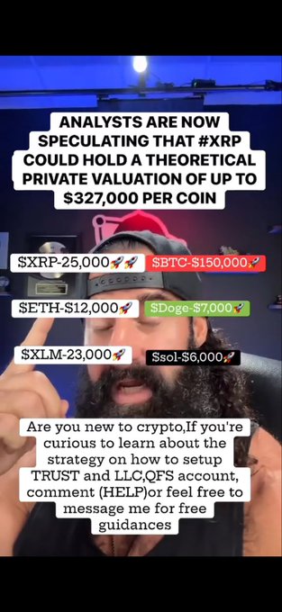 A bearded man wearing a cap speaks in a video promoting crypto trading, with text claiming XRP could reach $327,000 per coin and showing other coins like XRP, BTC, ETH, Doge, XLM, and SOL with price predictions.