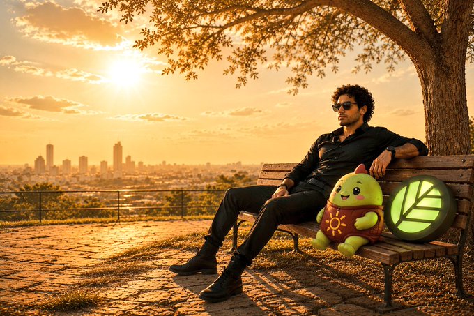 The image features a man sitting on a bench with his legs crossed, wearing black pants and sunglasses. Next to him, there's an inflatable green frog stuffed animal. The background of the photo shows a city skyline at sunset, which adds a serene atmosphere to the scene. The caption provided in the image is about a post that says "Who are you? I have a great idea for you ... A) Builder B) Usùs C) If You'r a Builder: ınvéstôr If You're a User: ınvéstör If You're a Builder".