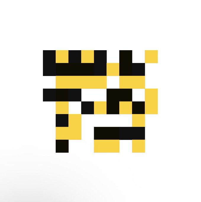 A pixelated art piece in the style of the Bitcoin logo, rendered in yellow and black squares against a white background.