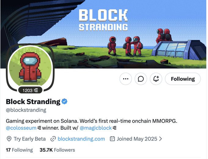 The image is a Twitter/X profile page for "Block Stranding" (@blockstranding), verified account with 35.7K followers, promoting itself as a "real-time onchain MMORPG" gaming experiment on Solana built with @magicblock, joined May 2025. The pixel art header and red-suited astronaut avatar contrast with the post's cautionary message highlighting how the project raised 19K+ SOL (~$3.7M) over a year ago with no TGE or refunds, despite the team's continued activity.