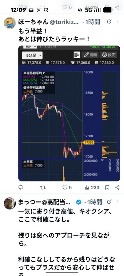 The image shows a Japanese social media thread featuring a stock chart (likely from a trading app) displaying a candlestick chart of a Japanese stock at 17,359, with visible data including MA(5) 17,281.00, MA(25) 17,161.60, and MA(50) 17,048.33, showing a significant price drop around the 17,000 level. 

The post from ぼーちゃん (torikizo) reads "もう半益！あとは伸びたらラッキー！" ("Already half profit! If it goes up more, lucky!"), followed by まつぅー's reply explaining how they took profits quickly at the high and closed at the morning close with no profit, noting the remaining position will be left to grow since they're already in profit—mirroring the exact same trade strategy described in the accompanying caption about how the two often execute identical trades.
