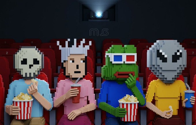 Four voxel/Lego-style characters wearing masks (a skull, a horned figure, a frog with 3D glasses, and a cracked helmet) sitting in a movie theater eating popcorn and drinking soda.