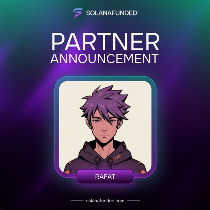 The image shows a purple square frame containing an image of a person wearing a hoodie, with a caption that reads "Partner Announcement" followed by the name "Rafat". The background color of the image is purple, which matches the color of the frame and the caption.