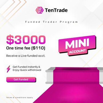 TenTrade Funded Trader Program advertisement for a MINI ACCOUNT offering a $3000 funded account for a one-time fee of $110.