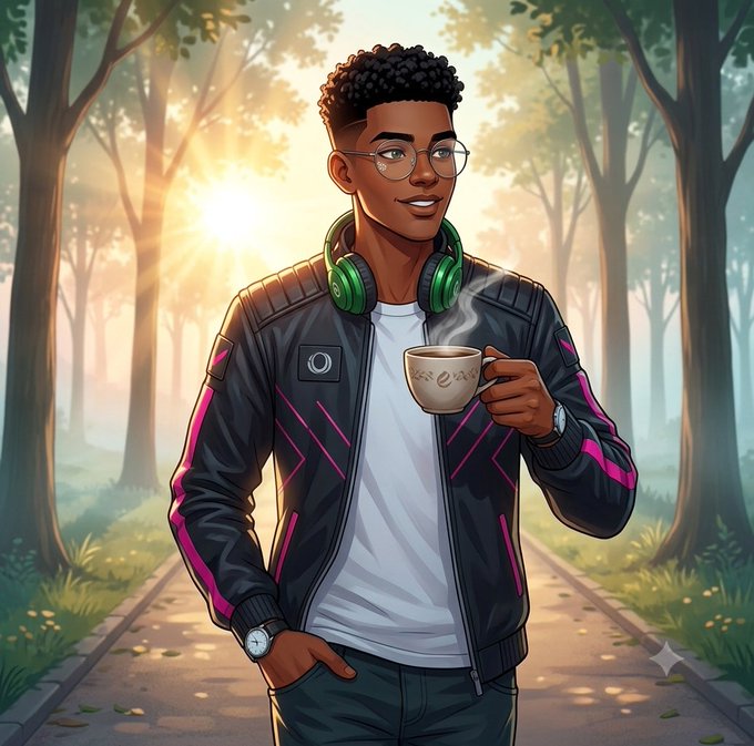 Digital illustration of a young Black man with glasses and green headphones around his neck, holding a steaming mug in a sunlit forest path.