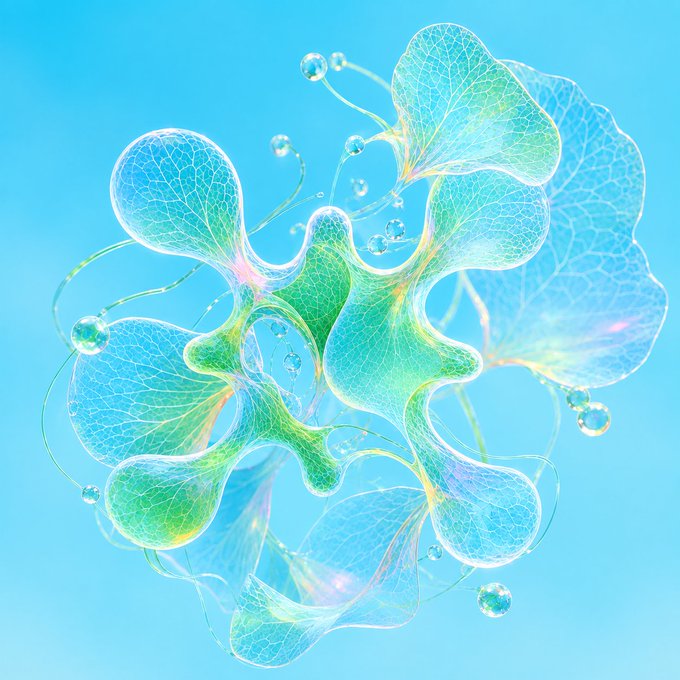 An abstract 3D digital artwork featuring translucent, leaf-like organic shapes in shades of green and blue with delicate veining patterns against a light blue background.