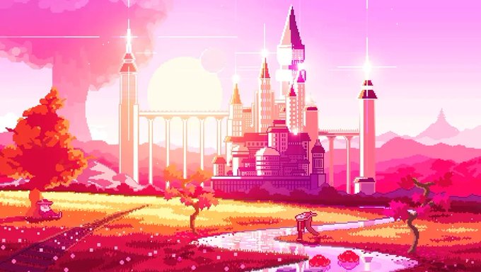 A pixel art fantasy landscape featuring a pastel-colored castle with tall spires, surrounded by pink and orange trees, a winding stream, and a large sun in a dreamy sky.