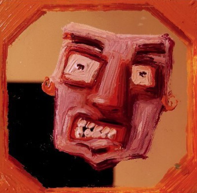 A naive art-style painting of a distorted pinkish-red face with exaggerated wide-set square eyes, a prominent angular nose, and gritted teeth, framed by an orange octagonal border.