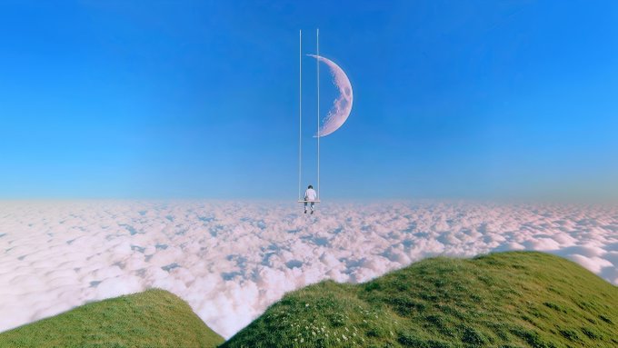 A surreal digital artwork showing a small figure sitting on a swing suspended from a crescent moon, floating above clouds with green mountains below.