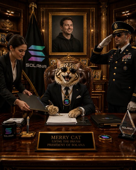 An AI-generated image depicting a cat wearing a suit and sunglasses sitting at a desk with a nameplate reading 'MERRY CAT, LIVING THE DREAM, PRESIDENT OF SOLANA,' surrounded by Solana branding.
