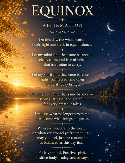 An "EQUINOX AFFIRMATION" graphic set against a split background of a sunset lake and a starry night sky, featuring an inspirational text about finding balance between light and dark.