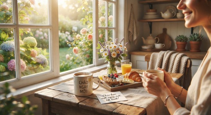 A woman sits at a wooden kitchen table holding a mug, with a 'GOOD MORNING' mug, breakfast, fresh flowers, and a sunny garden view visible through the window.