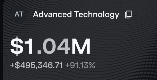 The image shows a financial display for "Advanced Technology" (ticker: AT) showing a value of $1.04M, with gains of +$495,346.71 (+91.13%) highlighted in bold. The post's "Hold szn" message aligns with the stock's massive 91% gain, suggesting the poster is confident in maintaining their position despite the significant appreciation.