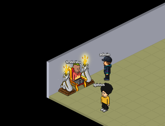 The image shows a man sitting on a chair with a computer monitor placed behind him, surrounded by three other people who appear to be engaged in conversation or observing something happening around them. The scene takes place in an area where there are two walls visible - one is white and the other is gray. The text "Solobby has not launched yet" can also be seen in the image.