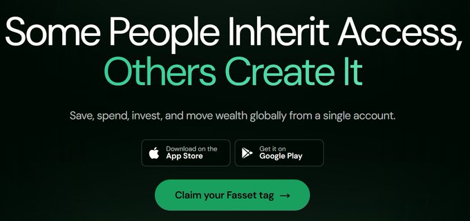 A promotional graphic reads 'Some People Inherit Access, Others Create It' for Fasset, with App Store and Google Play download buttons.