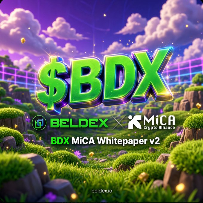 A vibrant 3D-rendered promotional graphic displays a large green '$BDX' logo alongside 'BELDEX' and 'MiCA Crypto Alliance' branding, advertising the 'BDX MiCA Whitepaper v2' on beldex.io.