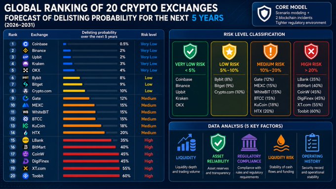 An infographic titled 'GLOBAL RANKING OF 20 CRYPTO EXCHANGES FORECAST OF DELISTING PROBABILITY FOR THE NEXT 5 YEARS (2026-2031)', ranking exchanges like Coinbase, Binance, and Upbit by risk level, using a 'CORE MODEL' based on scenario analysis.