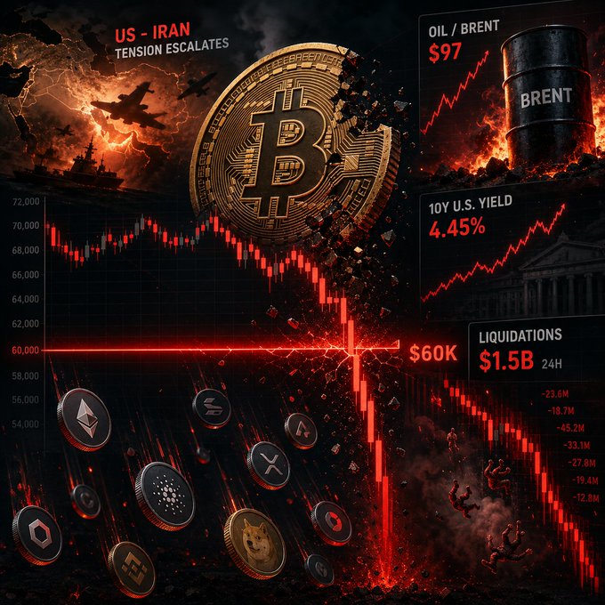 The image presents a detailed, negative infographic illustrating various economic indicators of Bitcoin's current state amidst other market trends. The Bitcoin index experienced a significant drop, losing 10% overnight due to several factors. These include tensions between the US and Iran, a decline in Brent crude prices reaching $97, falling yields on government bonds, rising altcoins witnessing huge losses, and Bitcoins being wiped out at $62K within 24 hours. It is important to note that such indicators are not directly related to the Bitcoin market but rather showcase wider economic conditions influencing the cryptocurrency's performance.