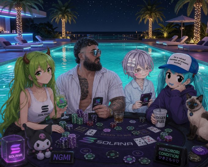 An anime-style illustration depicting a bearded man with sunglasses playing poker at a poolside table with anime girls and a cat, featuring Solana branding and phrases like 'NGMI', 'DEGEN TO WIN', and 'HIKIKOMORI CONDITION'.