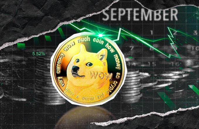 A Dogecoin cryptocurrency coin featuring the Shiba Inu dog is displayed against a background of stacked coins and a calendar showing 'SEPTEMBER' with the coin's text 'wow much coin how money so crypto plz mine v rich'.