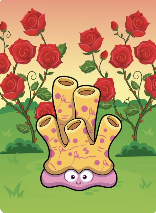 A cartoon illustration of a smiling, purple-spotted sea creature resembling a coral with five finger-like projections, set against a backdrop of red roses.