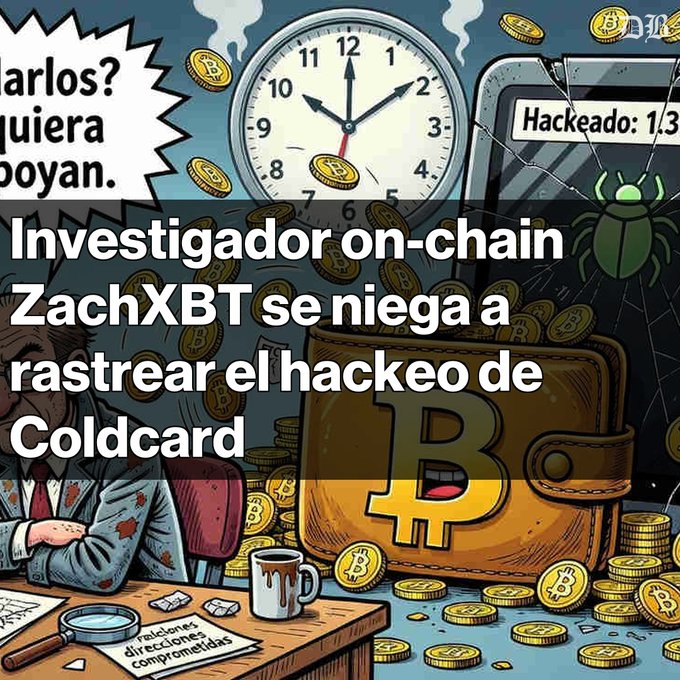 An illustration with Spanish text reading 'Investigador on-chain ZachXBT se niega a rastrear el hackeo de Coldcard' (On-chain investigator ZachXBT refuses to track the Coldcard hack), depicting a detective and a broken phone labeled 'Hackeado'.