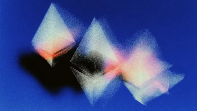 Three translucent, pyramid-like octahedrons float against a deep blue background, their geometric forms glowing with prismatic hues of pink, orange, and white light. The crystal-like structures visually represent the Ethereum blockchain's foundational layer, symbolizing the pressure and transformation facing Layer 2 solutions and alt-EVM chains as they navigate Vitalik's shifting vision for Ethereum's scaling future.