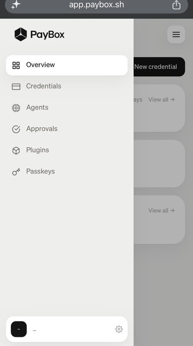 A mobile screenshot of the PayBox app (app.paybox.sh) showing a sidebar menu with options for Overview, Credentials, Agents, Approvals, Plugins, and Passkeys.