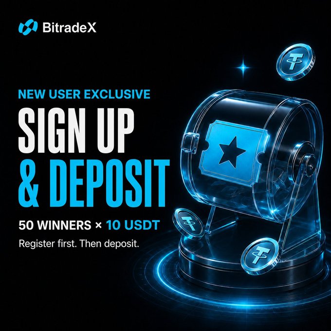 A BitradeX promotional graphic advertises a "Sign Up & Deposit" new user exclusive offer with 50 winners receiving 10 USDT each, featuring a glowing blue lottery drum with a star ticket and floating USDT coins to illustrate the prize draw opportunity tied to the post's call to action.