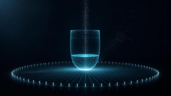 A 3D digital rendering of a glowing wireframe glass with particles rising from it, set on a circular illuminated platform against a dark background.