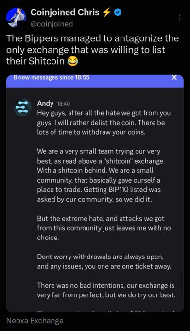 A screenshot of a tweet by "CoinjoinedChris" showing a message from "Andy" at Neoxa Exchange announcing they will delist BIP110 after receiving "extreme hate" from its community. The image illustrates how the BIP110 community's hostile response to a small exchange's listing effort led to the coin's removal, echoing the broader pattern of aggressive behavior damaging goodwill in the crypto space.