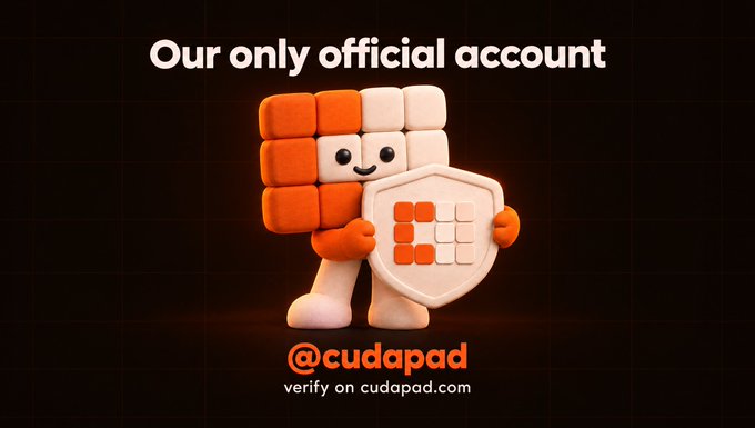 A 3D-rendered, cube-shaped character composed of orange and white blocks holds a matching shield, accompanied by the text 'Our only official account', '@cudapad', and 'verify on cudapad.com'.
