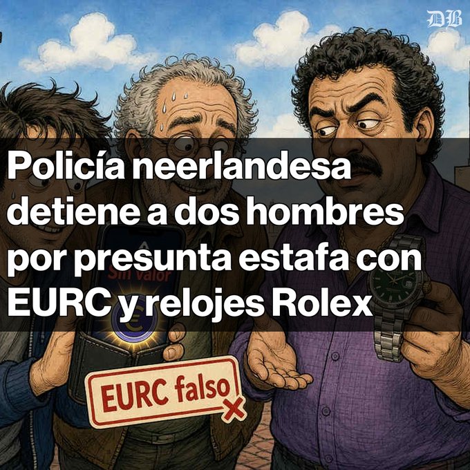 A cartoon-style news graphic in Spanish reading "Policía neerlandesa detiene a dos hombres por presunta estafa con EURC y relojes Rolex," showing characters with a phone displaying "EURC" and a Rolex watch, plus a label reading "EURC falso."