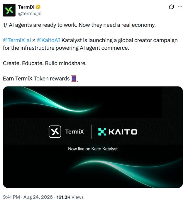 A tweet from @termix_ai announces a global creator campaign with @KaitoAI Katalyst to build infrastructure for AI agent commerce, offering TermiX Token rewards to participants. The accompanying post reveals the campaign's tokenomics, noting only 0.24% of tokens allocated to 450 creators and 0.06% to $KAITO stakers, with 100% TGE unlock over 90 days—suggesting a highly restrictive creator reward structure for TermiX.