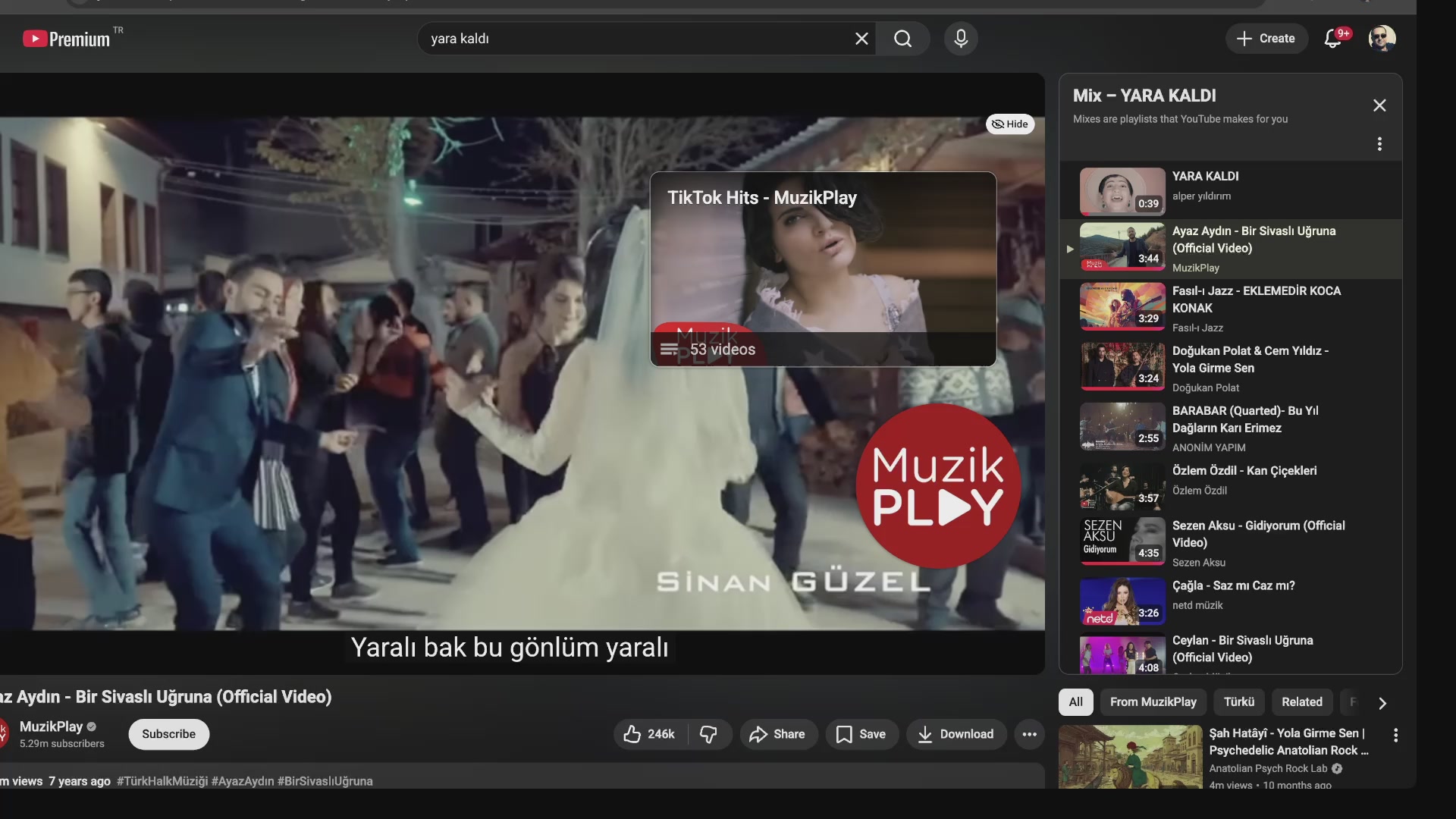 The image shows a computer screen displaying a video of people dancing, with a red circle around them that says "Music Play" and has a red border. The background of the image is black, making the white text stand out. The title of the post reads "Bitcoin ve Piyasalarda Son Durum -CANLI TEKNİK ANALİZ-".