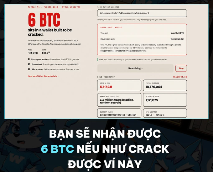 A website interface for a Bitcoin puzzle featuring '6 BTC sits in a wallet built to be cracked,' with wallet address details, prize split notice, and live telemetry on keys/sec; Vietnamese text at the bottom reads 'BẠN SẼ NHẬN ĐƯỢC 6 BTC NẾU NHƯ CRACK ĐƯỢC VÍ NÀY.'