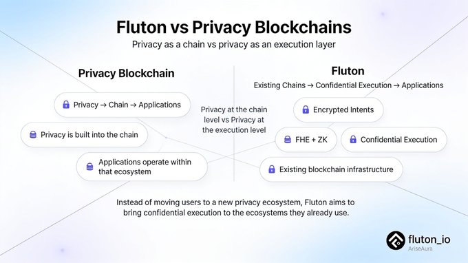 A comparison infographic titled "Fluton vs Privacy Blockchains" explaining the difference between privacy as a chain vs privacy as an execution layer, with various features listed for each approach.
