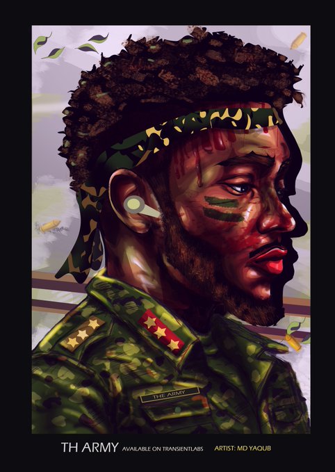 A digital portrait illustration of a soldier wearing a camouflage headband and uniform, featuring visible text 'TH ARMY', 'AVAILABLE ON TRANSIENTLABS', and 'ARTIST: MD YAQUB' at the bottom.