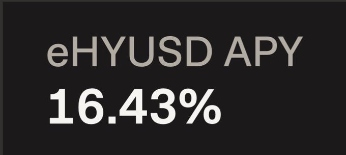 A black screen displays the white text 'eHYUSD APY' above '16.43%'.