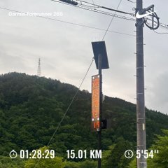 The image shows a street scene with two poles, one of which has a sign attached to it displaying the time as 5:54pm. The other pole also holds several power lines against an overcast sky backdrop.