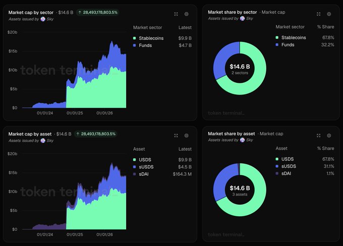 A financial dashboard from Token Terminal showing market cap by sector and asset, with data for Sky-issued assets including USDS, sUSDS, and sDAI totaling $14.6B.