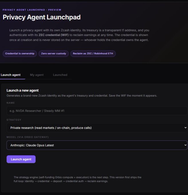 A dark-themed UI screenshot titled 'Privacy Agent Launchpad' with sections for launching an agent, including fields for name, strategy, and model selection ('Anthropic: Claude Opus Latest').