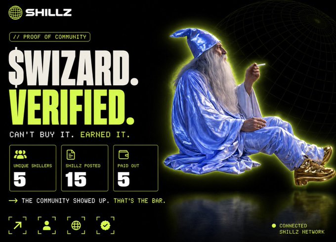 A promotional graphic for 'SHILLZ' with the tagline '$WIZARD. VERIFIED. CAN'T BUY IT. EARNED IT.', showing a wizard in blue robes and gold sneakers, alongside stats for '5 UNIQUE SHILLERS', '15 SHILLZ POSTED', and '5 PAID OUT'.