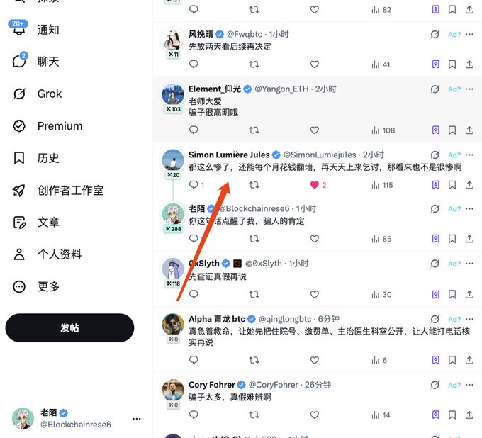A Chinese-language Twitter/X feed is shown, with a red arrow pointing to a reply from "Simon Lumière Jules" that translates to "stopped taking it, still can every month spend money to sing karaoke, next two days come up with something, looks like not very much like it," followed by other negative comments.