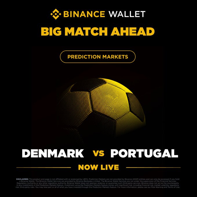 A Binance Wallet promotional graphic featuring a yellow and black soccer ball, advertising a "Big Match Ahead" Prediction Market for the UEFA Nations League clash between Denmark and Portugal, now live at web3.binance.com.